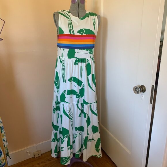 FARM RIO S Tiered Maxi Dress Rainbow Green Toucans White T-shirt Knit Comfy - Picture 2 of 9